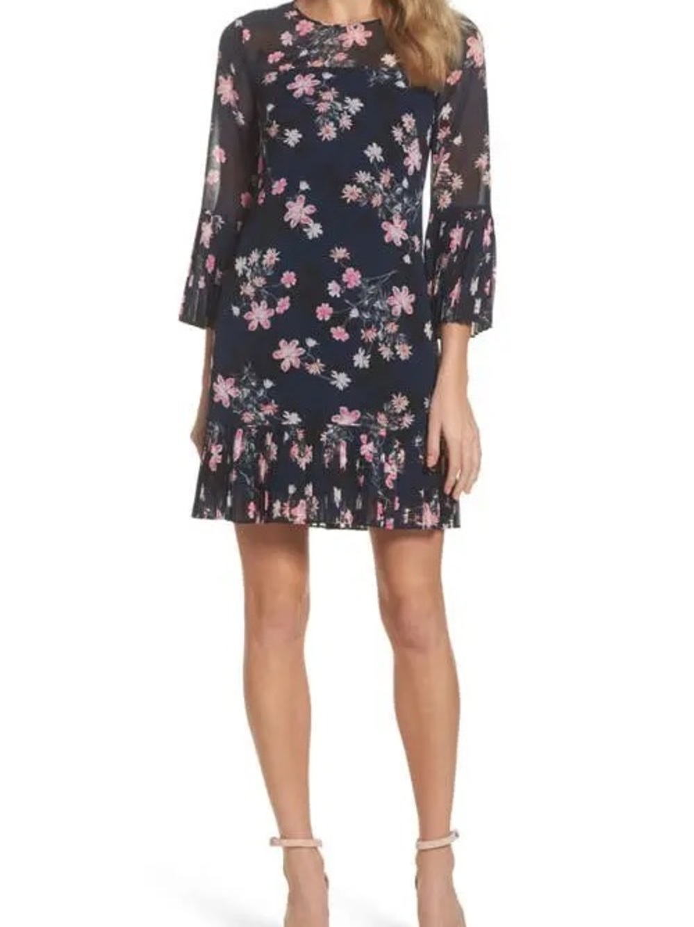 Eliza J Black Floral Pleated Hem Dress with Pink Flowers